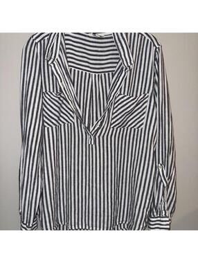 Lucky Brand Women's linen blend black white striped shirt sz L preppy